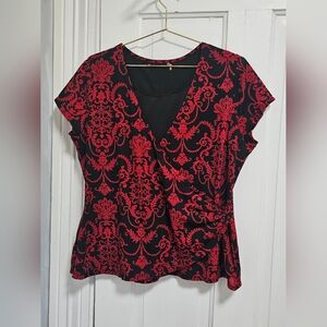 Chic Red and Black Patterned Wrap Blouse